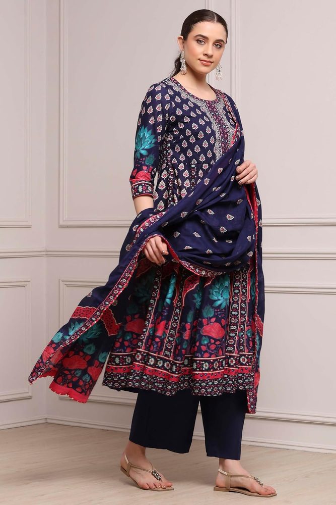 Biba Printed Cotton A-Line Casual Kurta With Palazzo and Dupatta