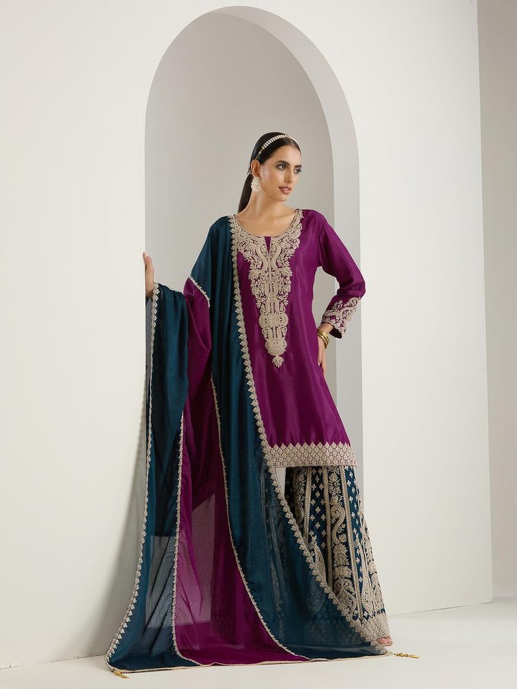 ishin Gold zari embroidered short kurta with embroidered sharara and dupatta