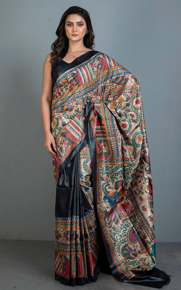 Bengal Looms India Women's Hand Painted Madhubani Art Pure Gicha Tussar Silk Saree with Blouse Piece | Traditional Handcrafted Ethnic Saree for Wedding, Party, Pooja & Festivals