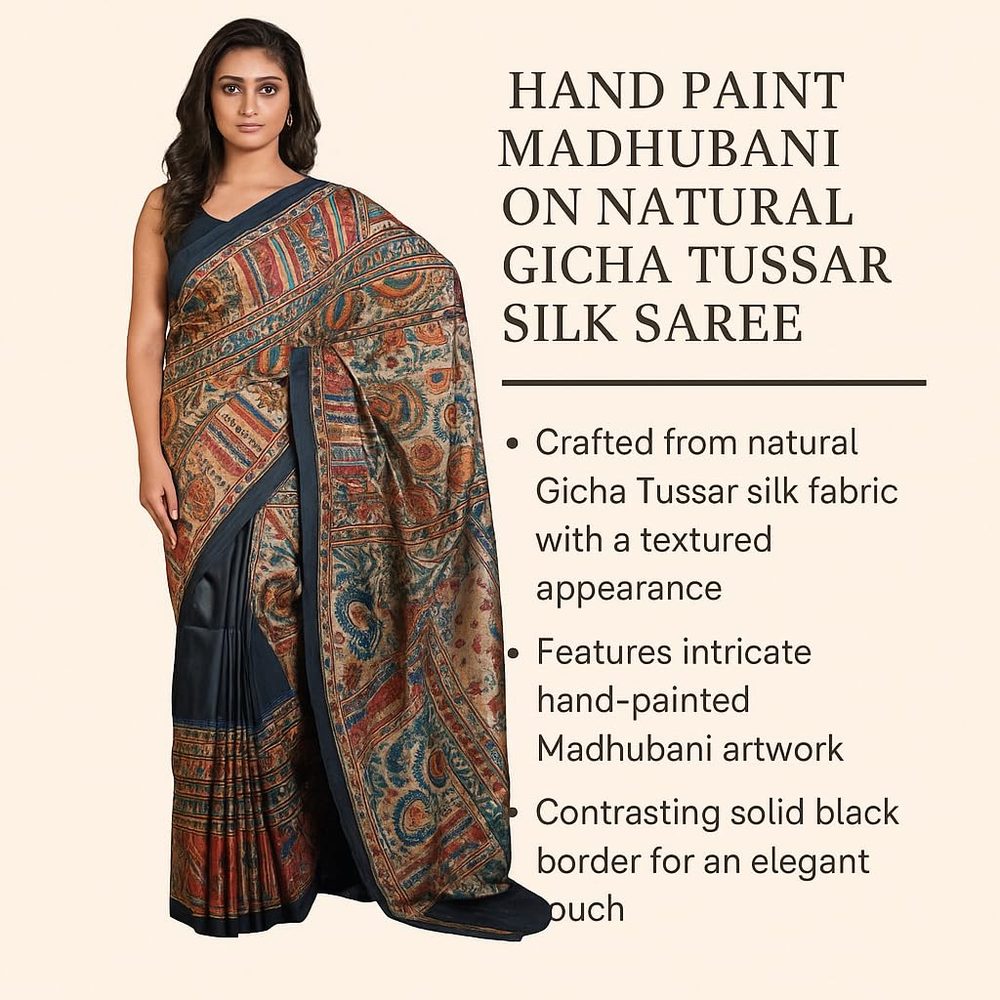 Bengal Looms India Women's Hand Painted Madhubani Art Pure Gicha Tussar Silk Saree with Blouse Piece | Traditional Handcrafted Ethnic Saree for Wedding, Party, Pooja & Festivals