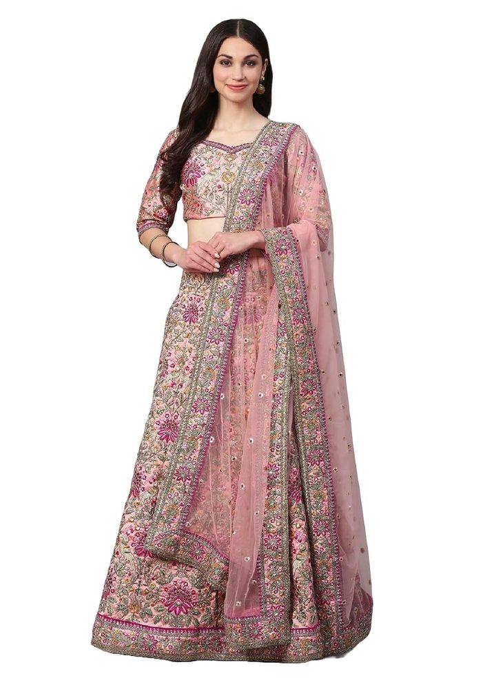 Divine International Trading Co Lehenga Choli Semi-Stitched -Silk with Thread Embroidery, Round Neck - Elegant and Versatile Ethnic Attire