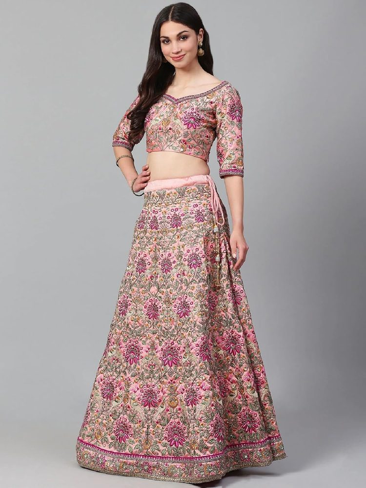 Divine International Trading Co Lehenga Choli Semi-Stitched -Silk with Thread Embroidery, Round Neck - Elegant and Versatile Ethnic Attire