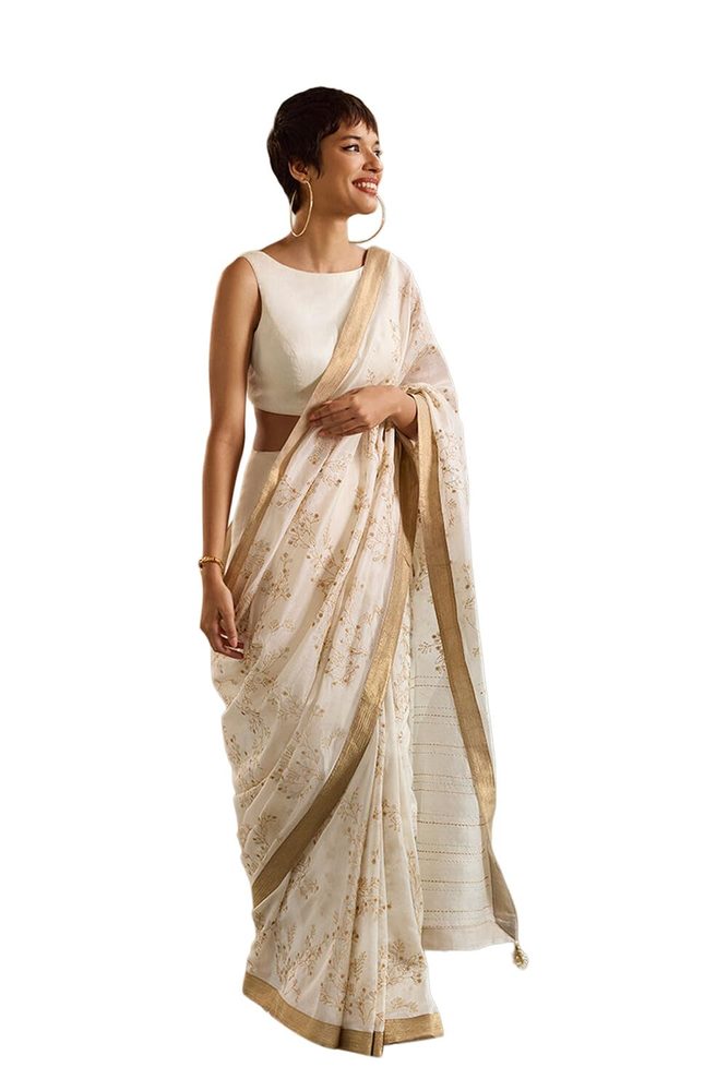 Taneira Women Off White Silk Cotton Embroidery Saree with Unstitched Blouse Piece (SPH08C00070-Off White)