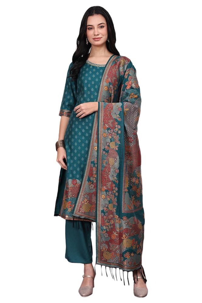 Aurelia Women's Red Floral Printed Hand Work Jacquard Straight Kurta, Palazzo and Dupatta Set
