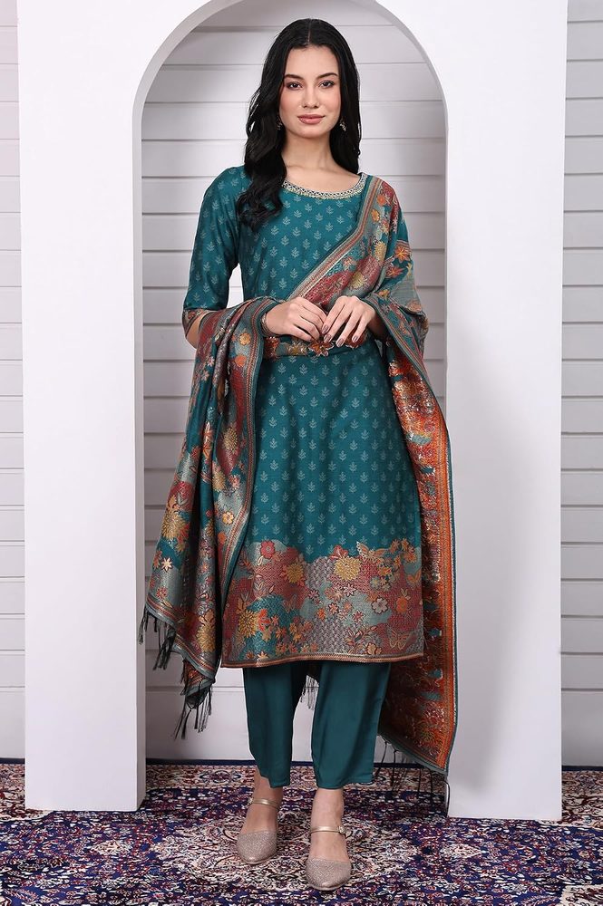 Aurelia Women's Red Floral Printed Hand Work Jacquard Straight Kurta, Palazzo and Dupatta Set