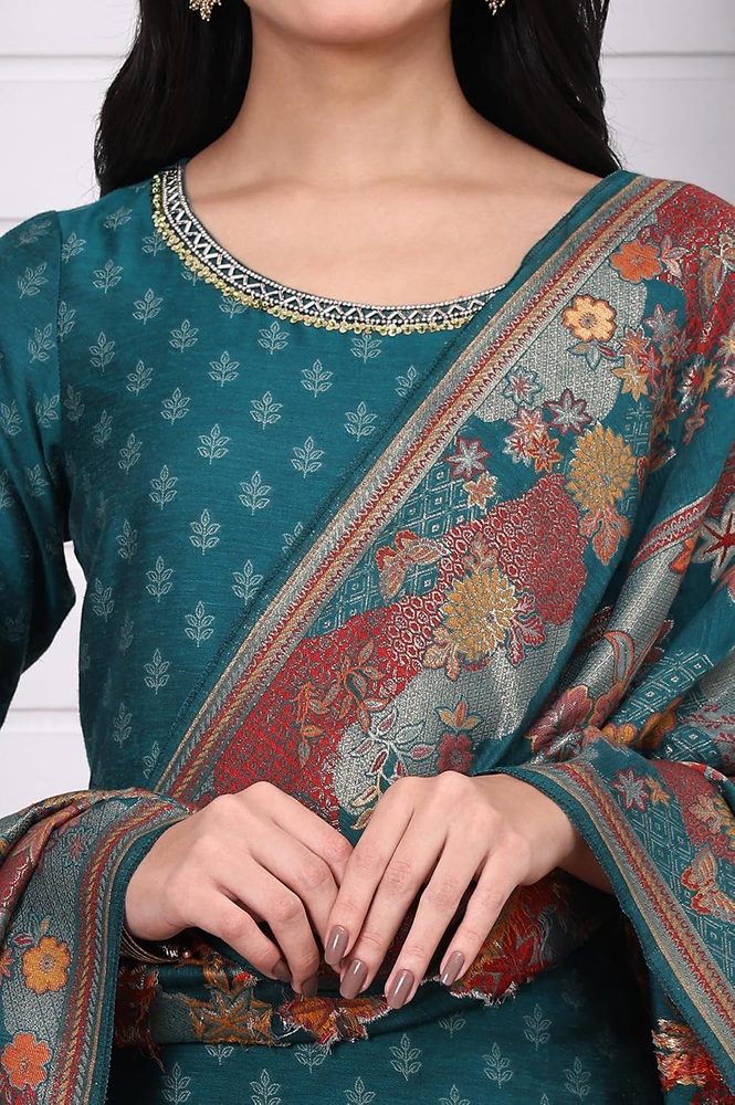 Aurelia Women's Red Floral Printed Hand Work Jacquard Straight Kurta, Palazzo and Dupatta Set