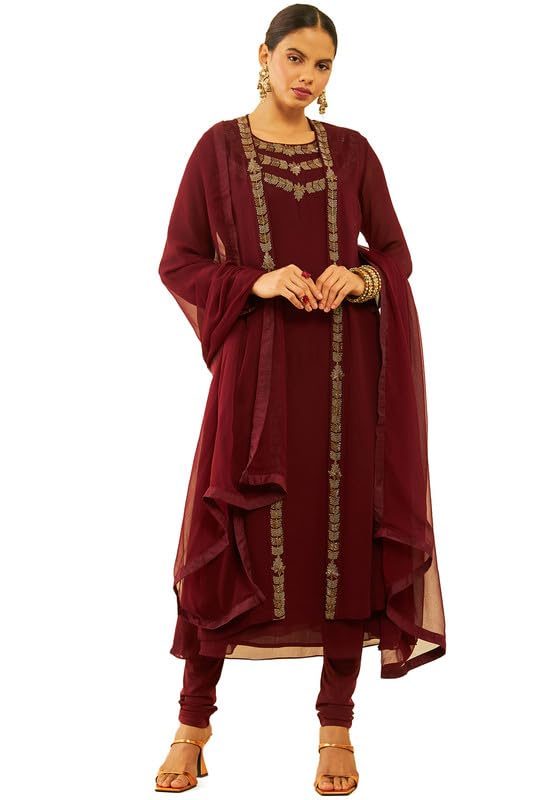 Soch Womens Georgette Cutdana Work Suit Set with Jacket and Dupatta