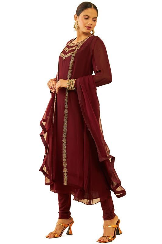 Soch Womens Georgette Cutdana Work Suit Set with Jacket and Dupatta