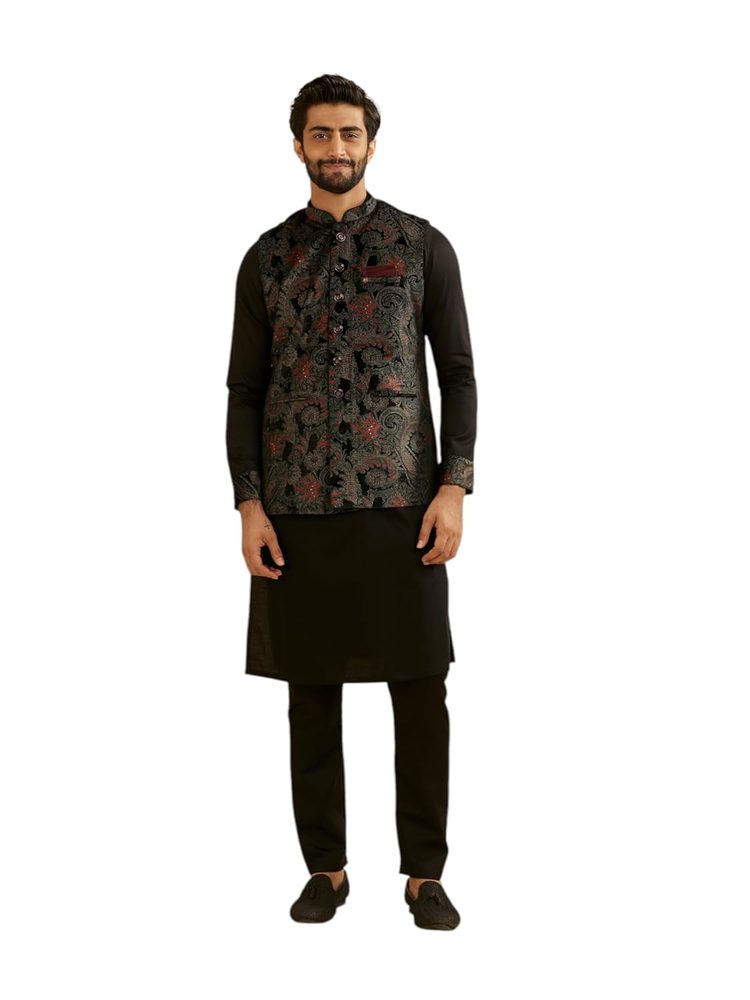 Manyavar Men's Velvet Printed Kurta Jacket Pyjama Set (3pcs)