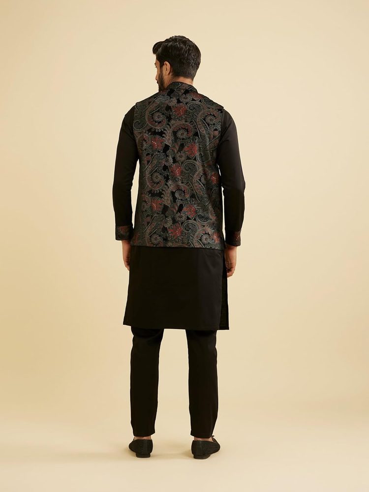 Manyavar Men's Velvet Printed Kurta Jacket Pyjama Set (3pcs)