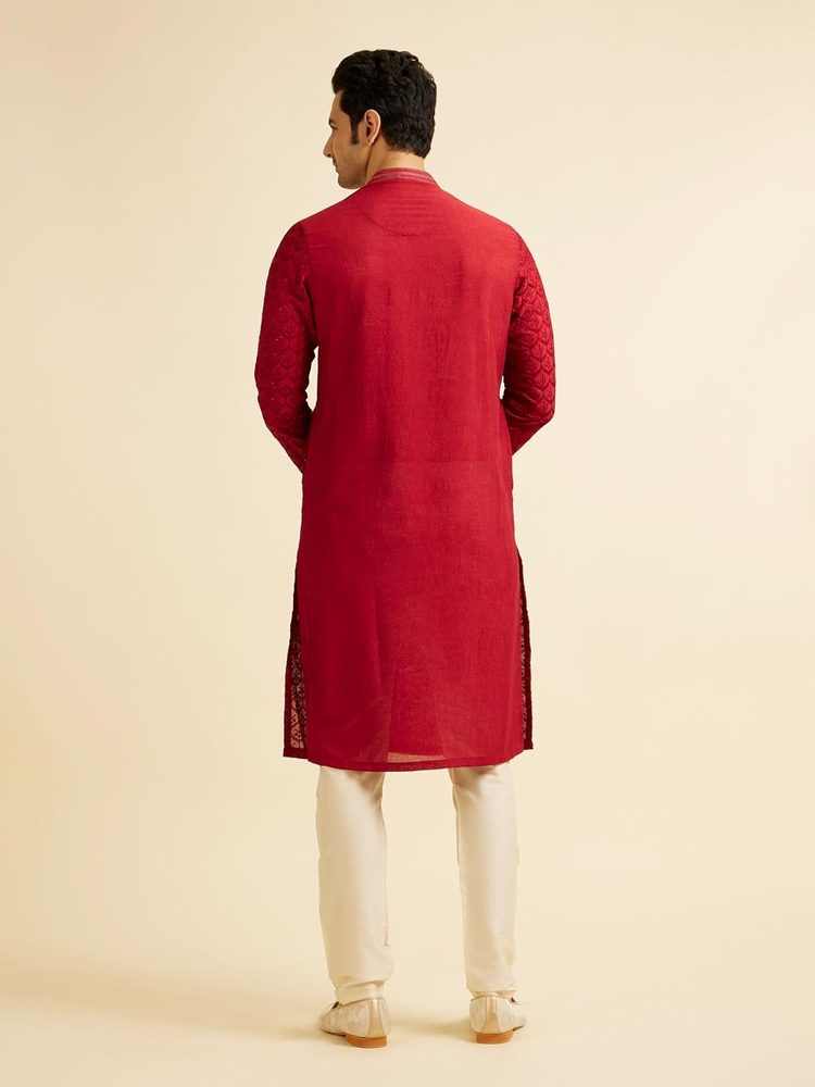 Manyavar Men's Art Silk Jaal Patterned Kurta Set with Rhinestones(2pcs)