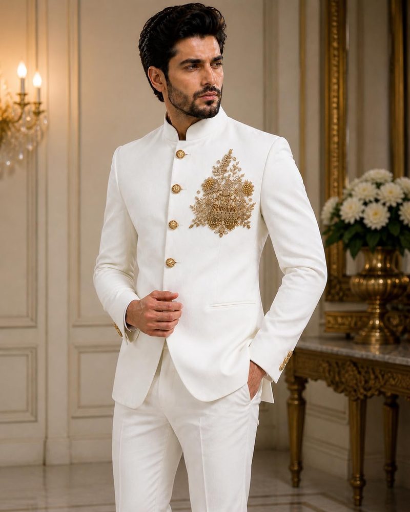 White Bandhgala Wedding Suit