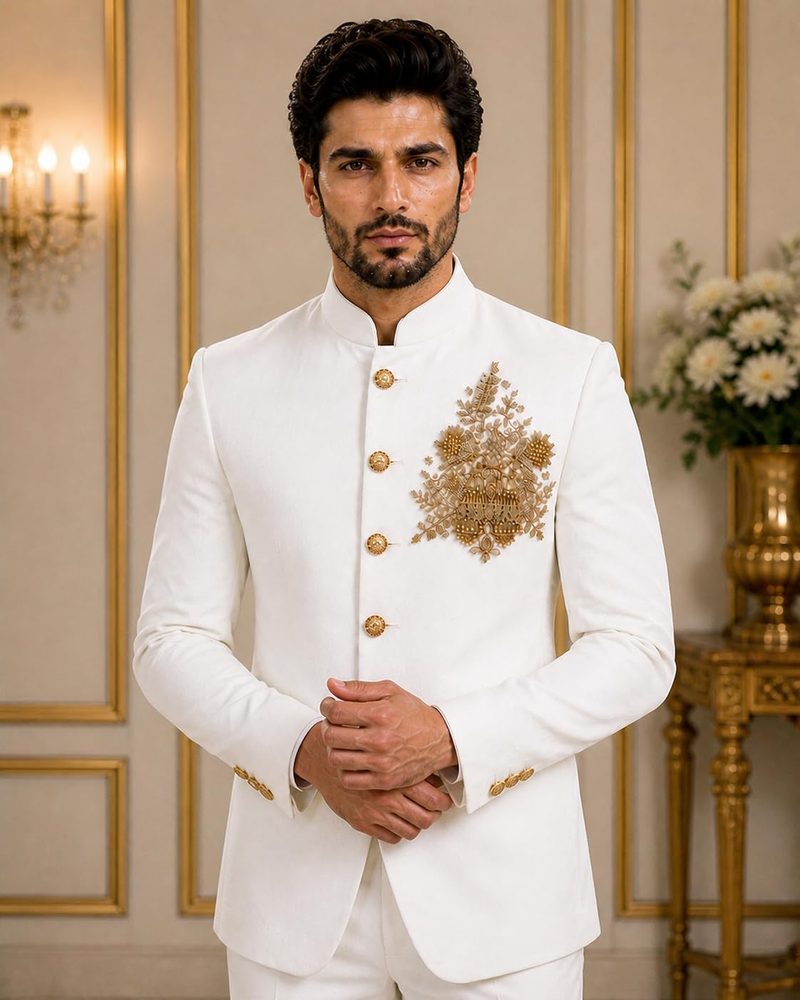 White Bandhgala Wedding Suit