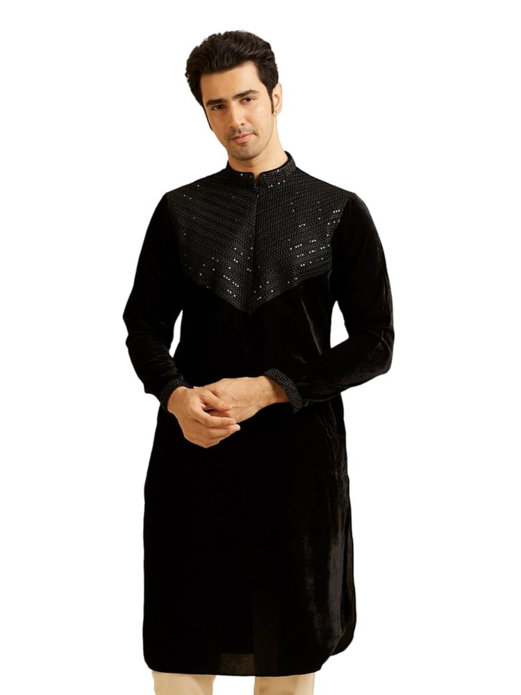 Manyavar Men's Velvet Embroidered|Sequins Kurta Pyjama Set (2pcs)