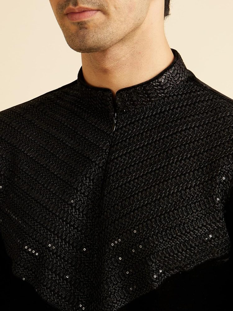 Manyavar Men's Velvet Embroidered|Sequins Kurta Pyjama Set (2pcs)