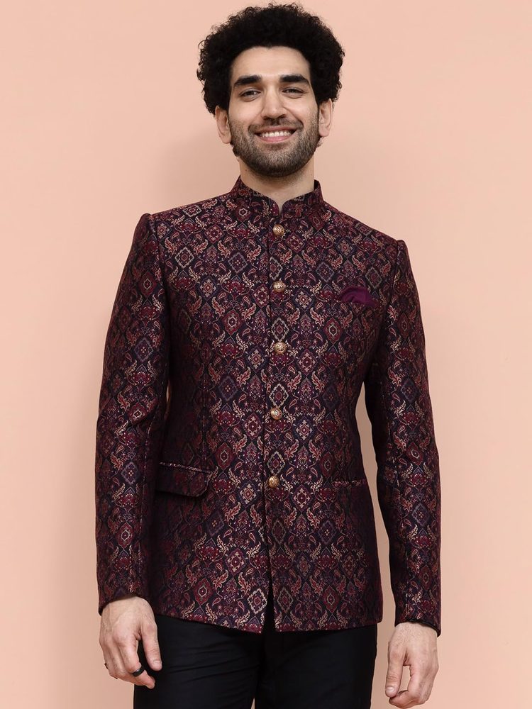 Kisah Men Maroon Ethnic Motifs Bandhgala