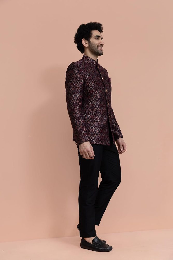 Kisah Men Maroon Ethnic Motifs Bandhgala
