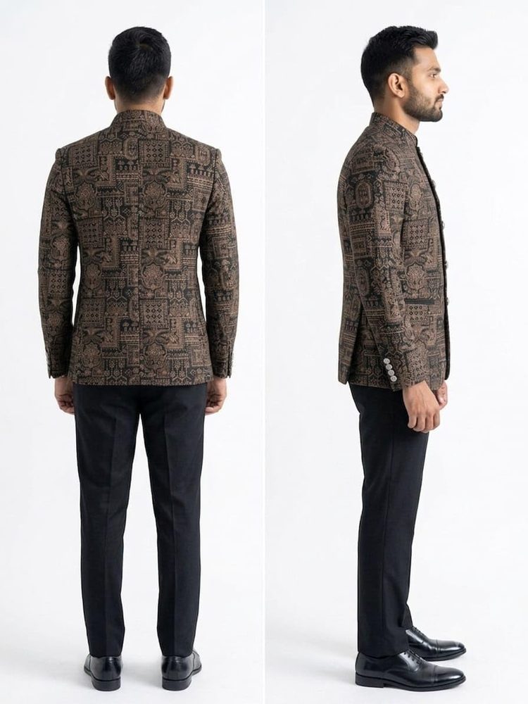 Men's Designer Black and Gold Embroidered Jodhpuri Bandhgala Suit Blazer
