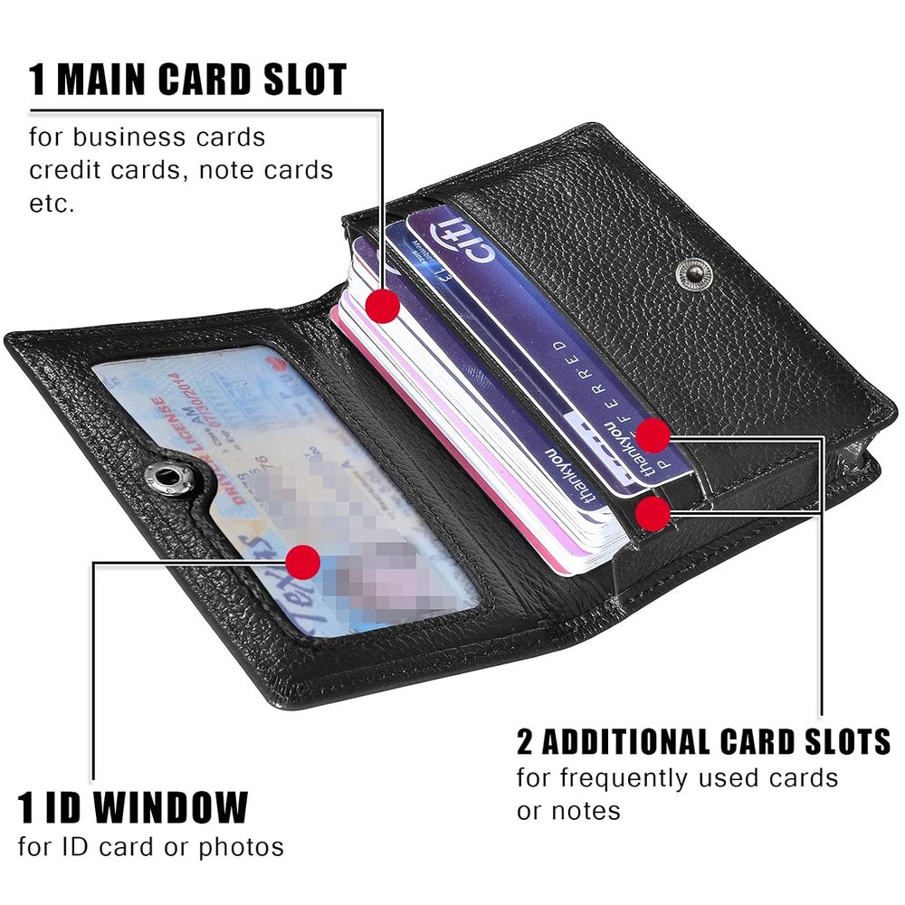 Genuine Leather Business Card Holder Name Card Case Credit Card Wallet with ID Window RFID Blocking (Black with Button)