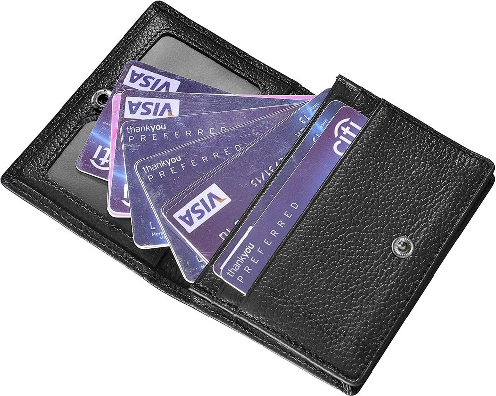 Genuine Leather Business Card Holder Name Card Case Credit Card Wallet with ID Window RFID Blocking (Black with Button)