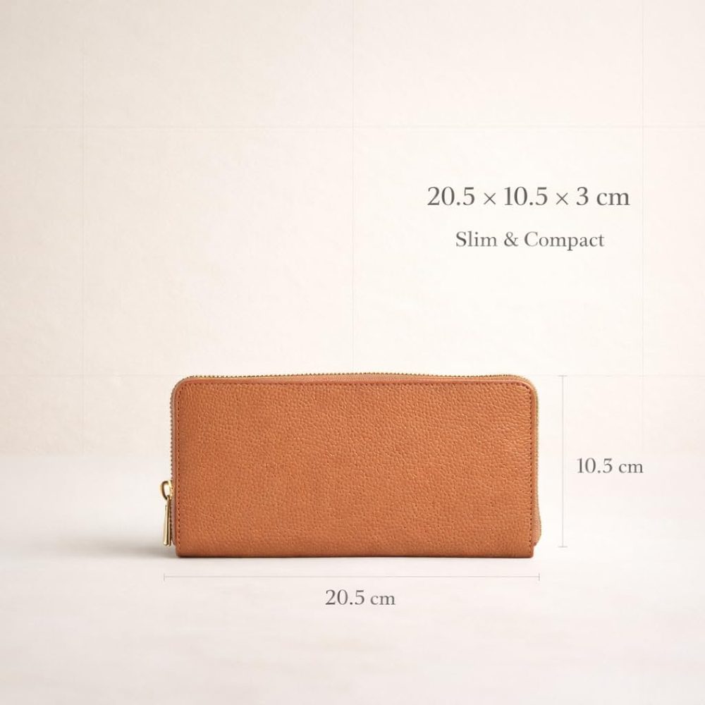 Genuine Leather Zip Around Wallet, Slim Compact Design with Metal Zipper (Caramel)