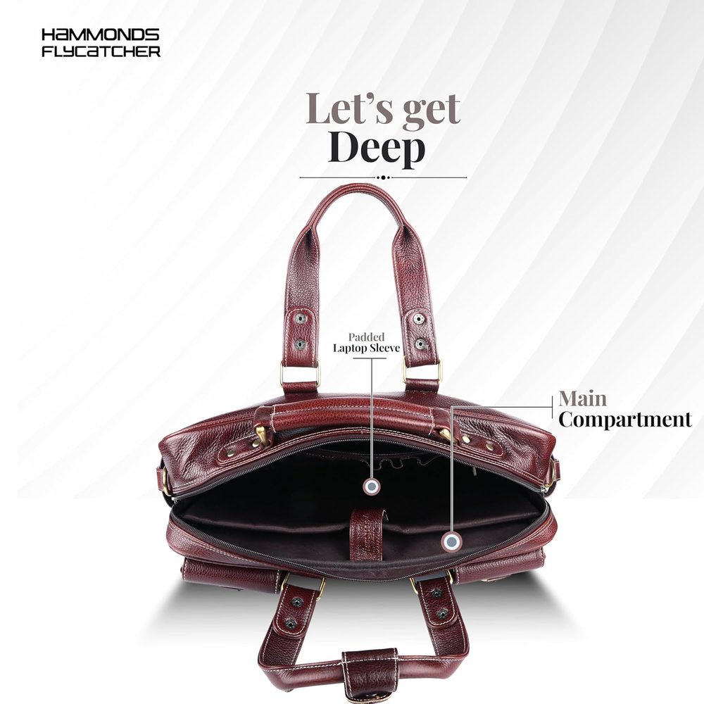 HAMMONDS FLYCATCHER Genuine Leather Office Bag for Men with Adjustable Shoulder Strap - 15.6 Inch Laptop Bag for Men - Water Resistant, 1 Year Warranty - Office, Travel, Daily Use - Brown
