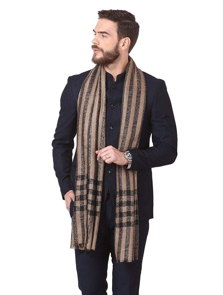 Pashtush Woven Mens Wool Stole, Check-Stipe Design, Mens Muffler, Warm Cashmere Feel
