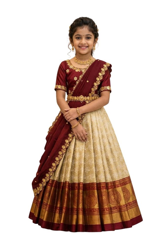 White Button New latest half Saree South Indian Langa Voni pattu pavadai lehenga choli for girls