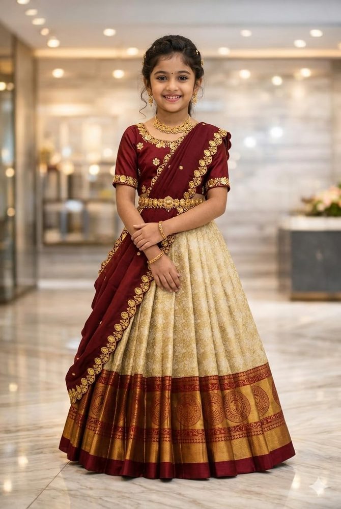 White Button New latest half Saree South Indian Langa Voni pattu pavadai lehenga choli for girls