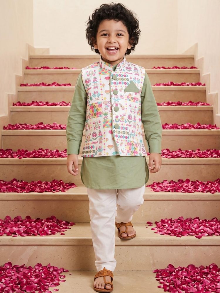 AJ DEZINES Kids Cotton Full Sleeve Printed Kurta Pajama & Waistcoat Set for Boys