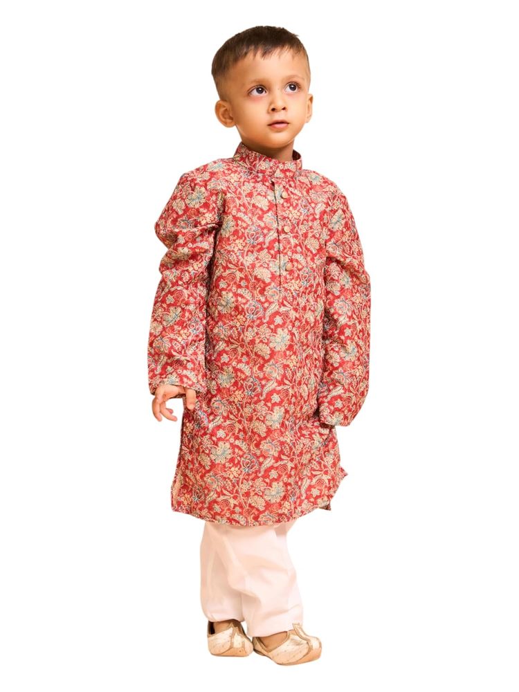 Manyavar Boys Art Silk Floral Print & Embroidery Kurta Pyjama Set (2pcs)
