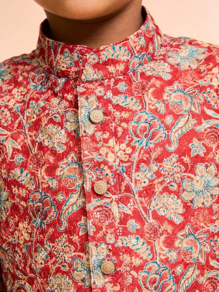 Manyavar Boys Art Silk Floral Print & Embroidery Kurta Pyjama Set (2pcs)