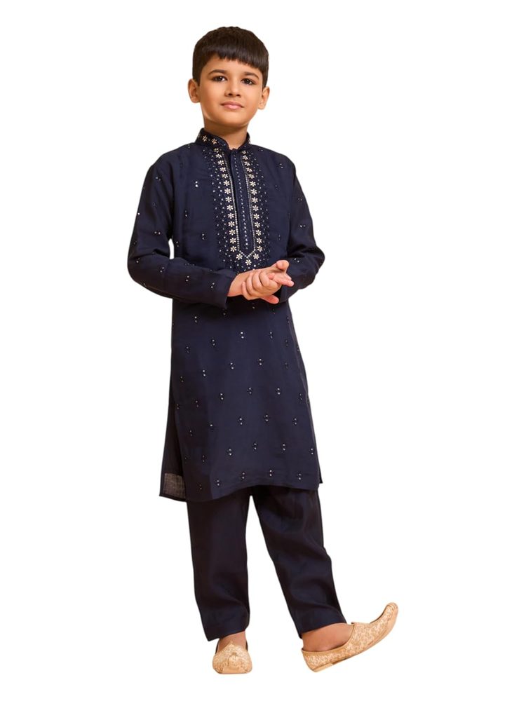 Manyavar Boys Viscose Blend Neck Embroidered & Sequined Kurta Pyjama Set (2pcs)