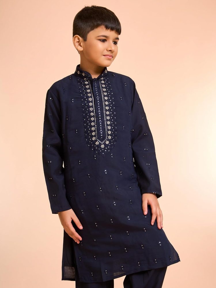 Manyavar Boys Viscose Blend Neck Embroidered & Sequined Kurta Pyjama Set (2pcs)