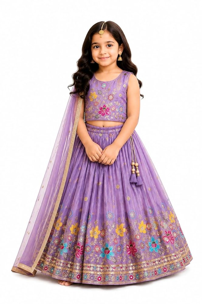 Girls Soft Sindur Silk Embroidered Lehenga Choli with Dupatta Set