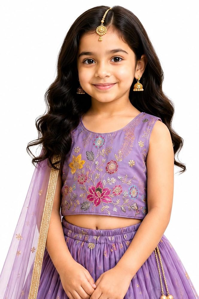 Girls Soft Sindur Silk Embroidered Lehenga Choli with Dupatta Set