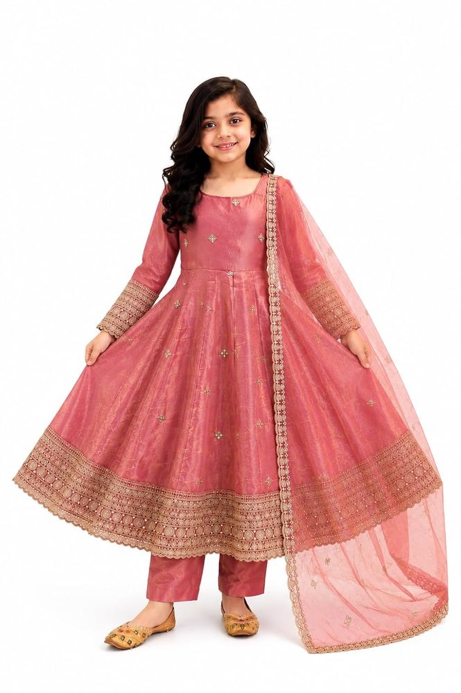 Girls Embroidered Gown Pant Dupatta Set