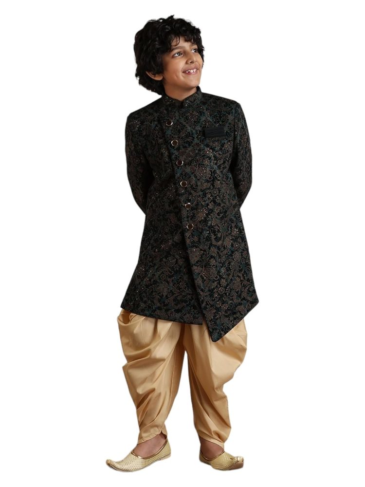 Manyavar Boys Blue Velvet Indo Western Patiala Set