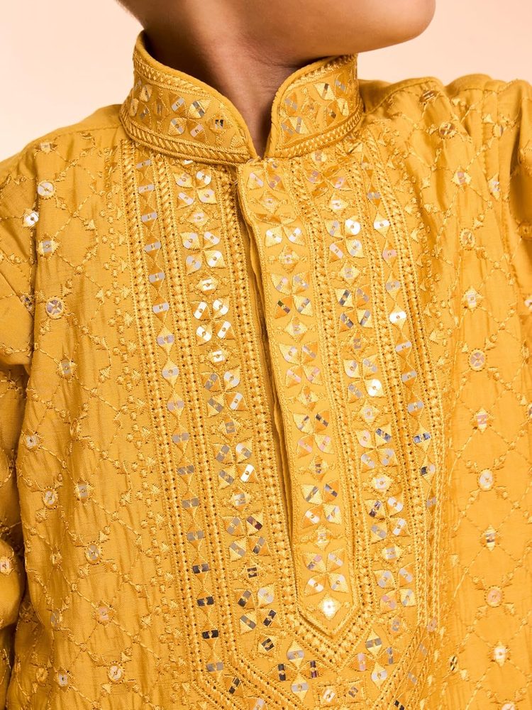 Manyavar Boys Viscose Blend Grid Embroidery & Sequins Kurta Pyjama Set (2pcs)
