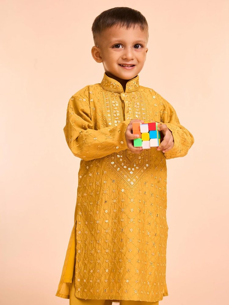 Manyavar Boys Viscose Blend Grid Embroidery & Sequins Kurta Pyjama Set (2pcs)
