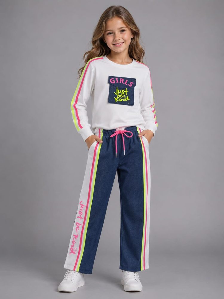 Girls Cotton Lycra Co-Ord Set with Denim Pants