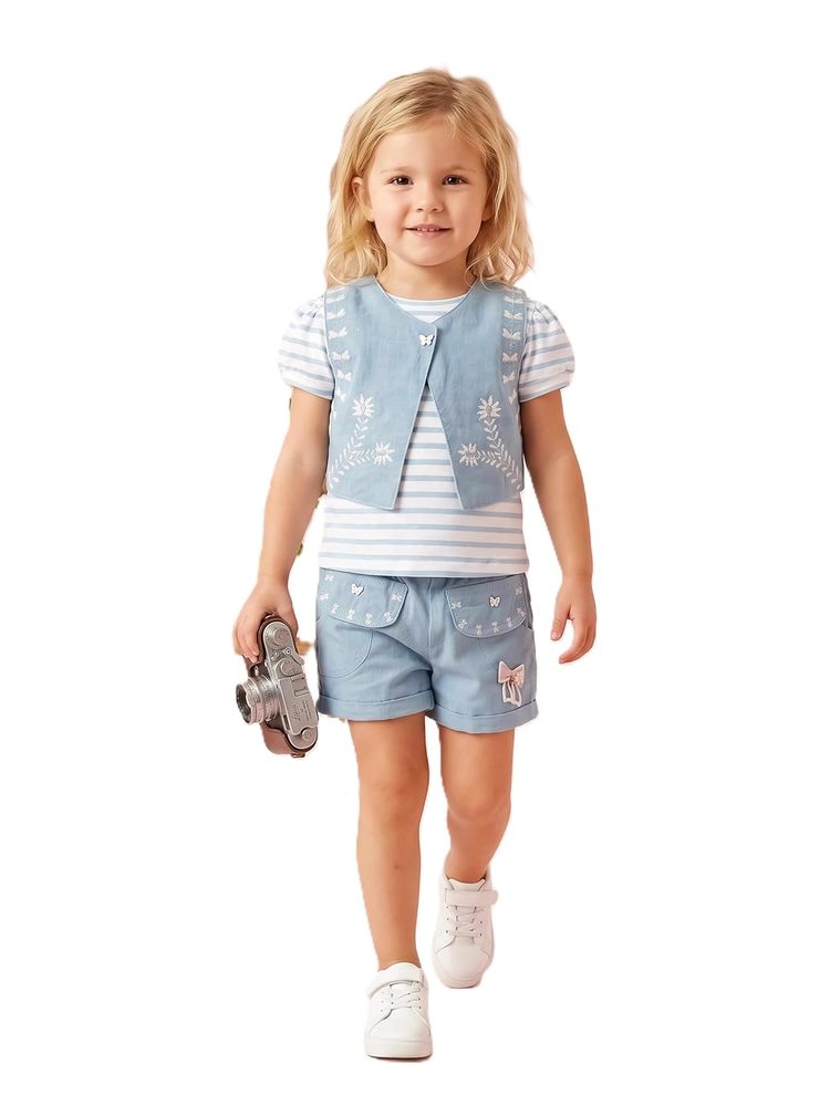 Girls Cotton Top & Shorts Set with Bow Embroidery