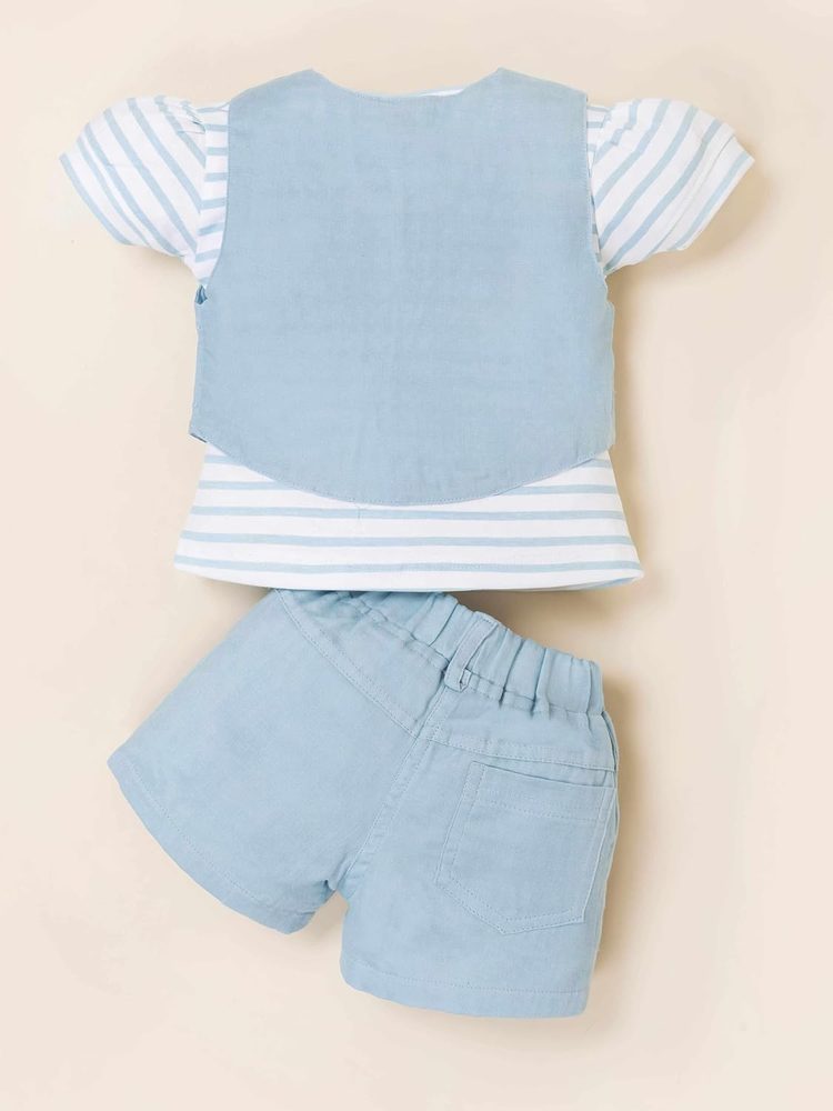Girls Cotton Top & Shorts Set with Bow Embroidery