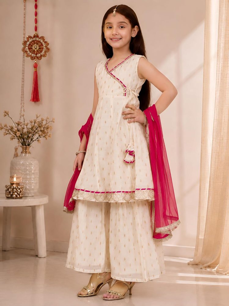 Preneum Girls's Cotton Rayon Gota Pati Floral Printed Angrakha Kurta with Sharara & Dupatta