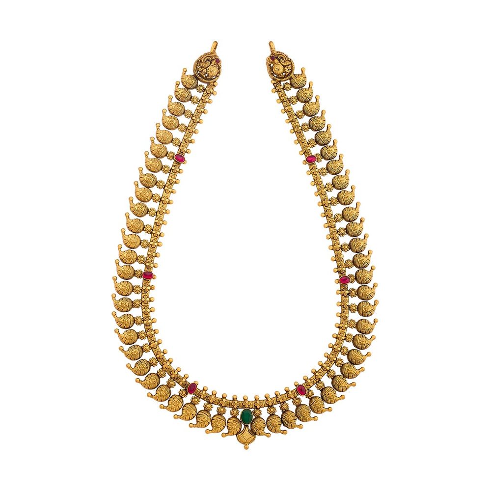 KUSHAL'S Fashion Jewellery Ruby-Green Oxidised Gold Plated 92.5 Silver Temple Long Necklace for Women