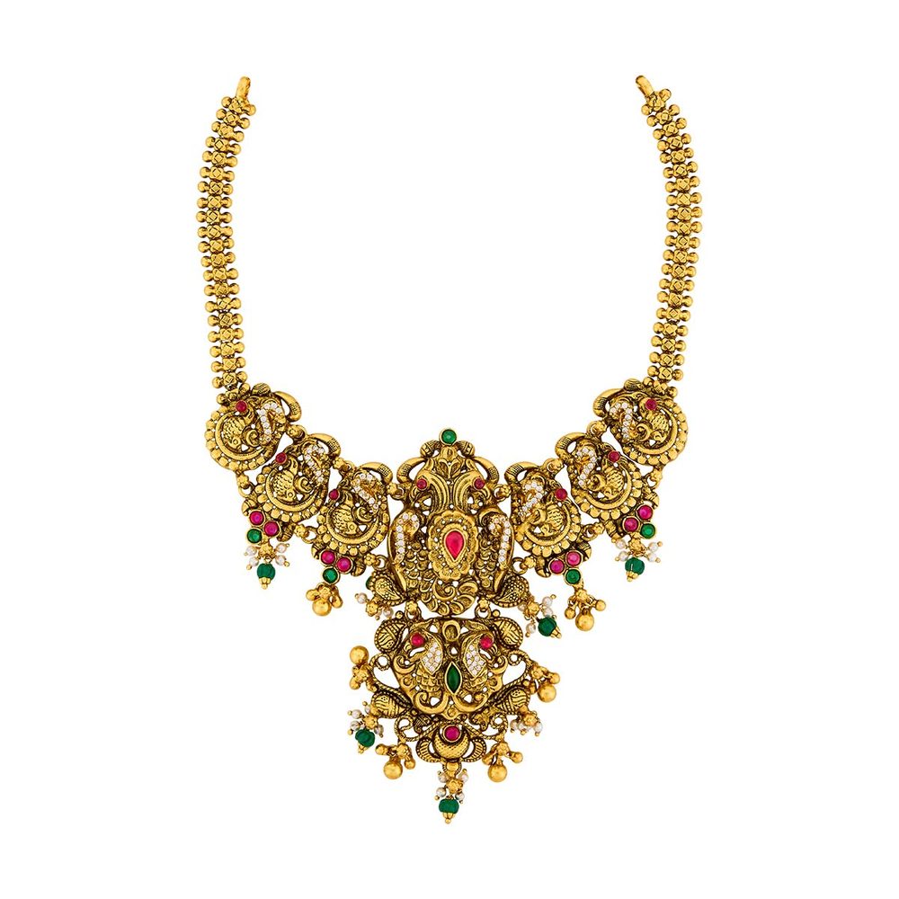 KUSHAL'S Fashion Jewellery Ruby-Green Oxidised Gold Plated 92.5 Silver Temple Necklace for Women