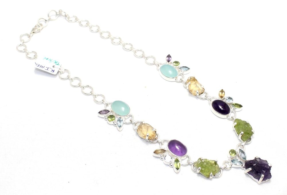 Rajasthan Gems Necklace Earrings Jewelry Set 925 Sterling Silver Natural Amethyst Topaz Peridot Chalcedony Gem Stone Handmade Gift Women G883