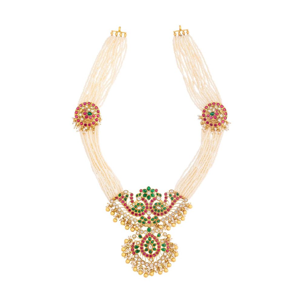 KUSHAL'S Fashion Jewellery Ruby-Green Gold Plated 92.5 Silver Temple Long Necklace for Women