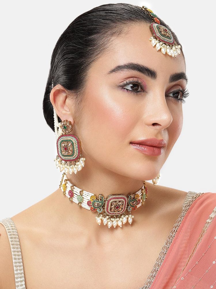 Classic Gold-Plated Multi-Strand Pearl Necklace Set with Earrings & Maang Tikka, Traditional Indian Bridal Jewellery with Polki Accents, and Statement Choker for Festive and Wedding-02