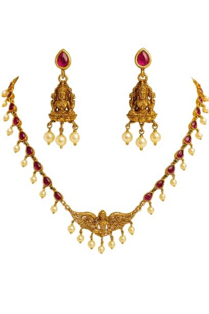 Stardiva Fashion Jewellery Traditional Lakshmi AD Stone Short Necklace Set for Women, South Indian Temple Style Copper Gold Finish with Pearls, Adjustable Chain & Matching Earrings